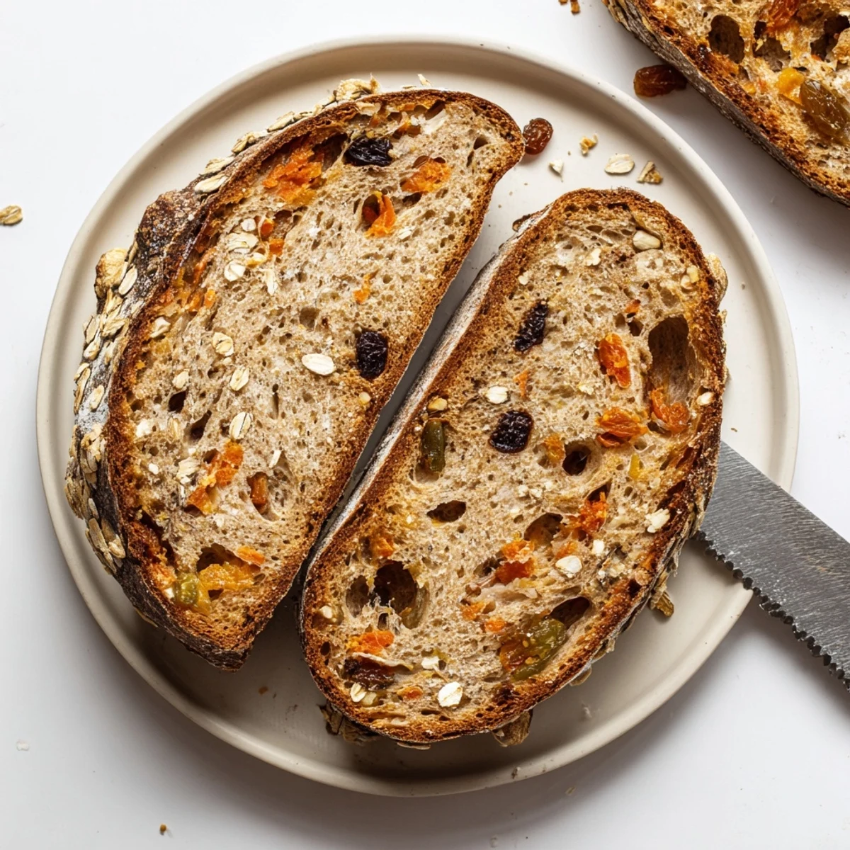 Thick slice of carrot cake sourdough bread spread with cream cheese on a wooden cutting board