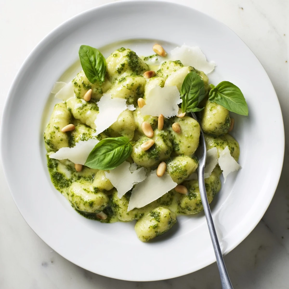 Creamy pesto gnocchi plated in a white bowl topped with toasted pine nuts and shaved Parmesan