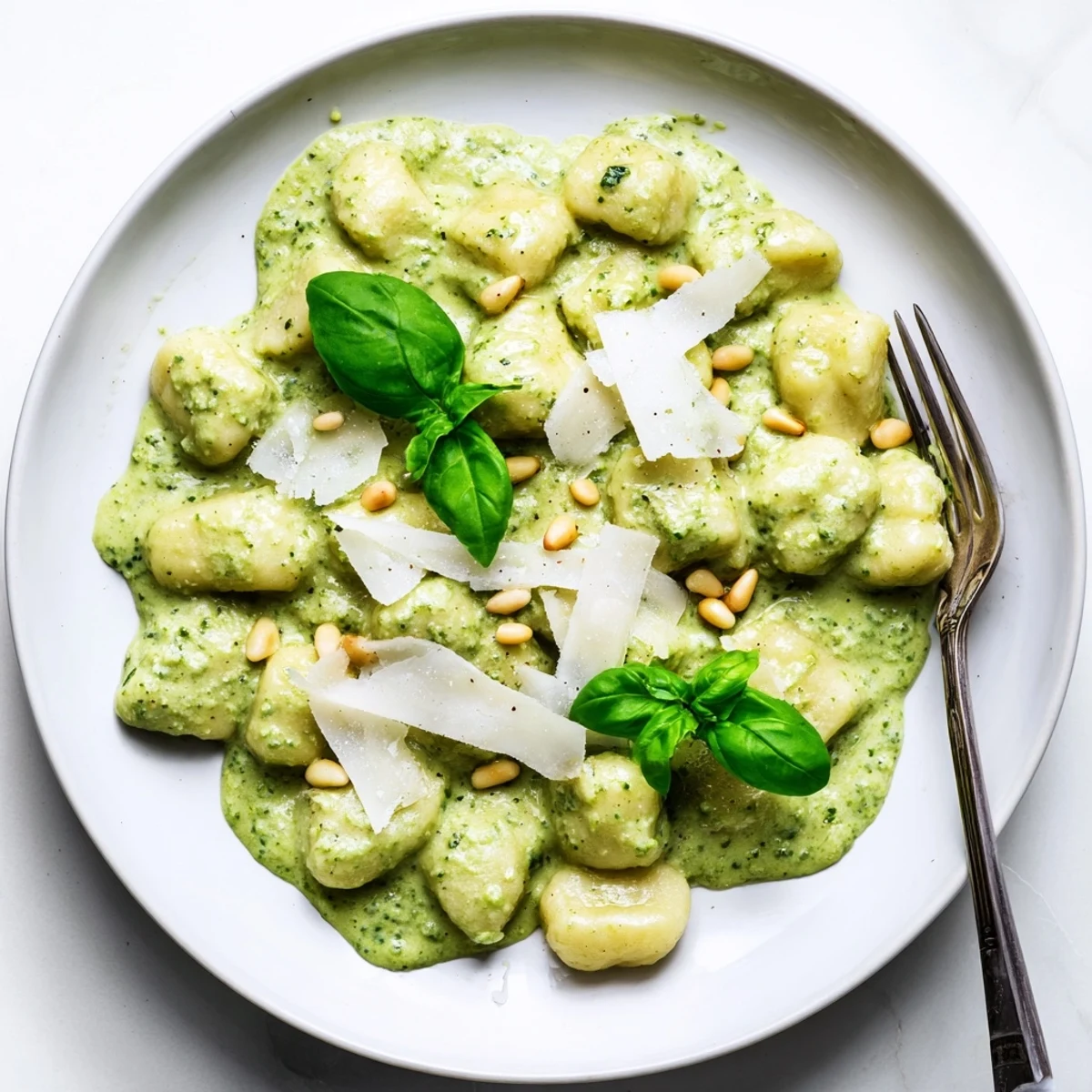 Golden potato gnocchi coated in vibrant green basil pesto cream sauce with fresh basil garnish