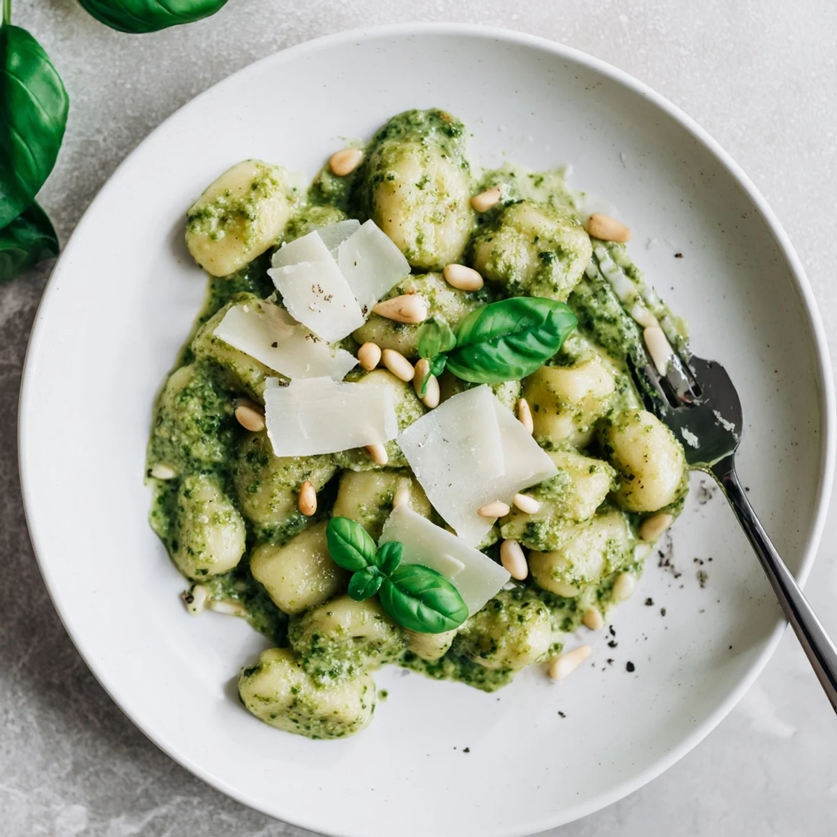Close-up of tender gnocchi swimming in rich herbaceous pesto cream sauce sprinkled with extra cheese