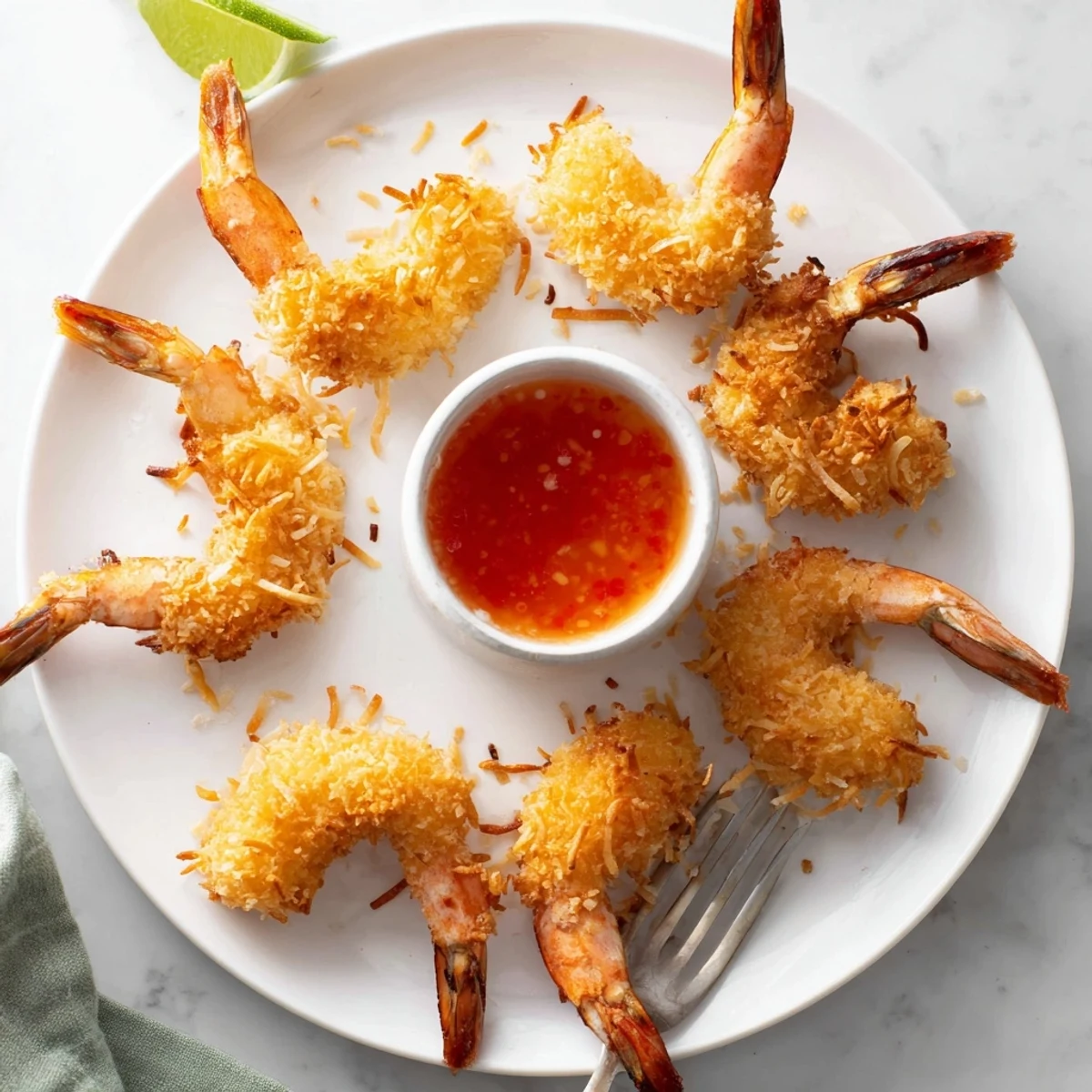 Golden fried coconut shrimp with crispy coconut breading served on a white platter
