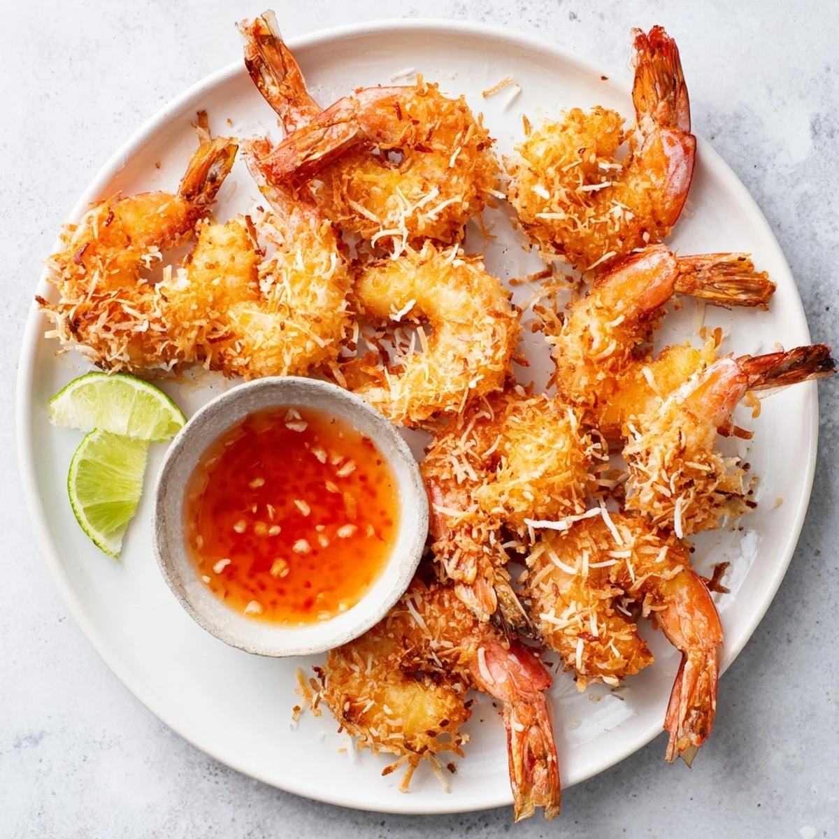 Tropical coconut shrimp appetizer with tails on arranged around sweet chili dipping sauce