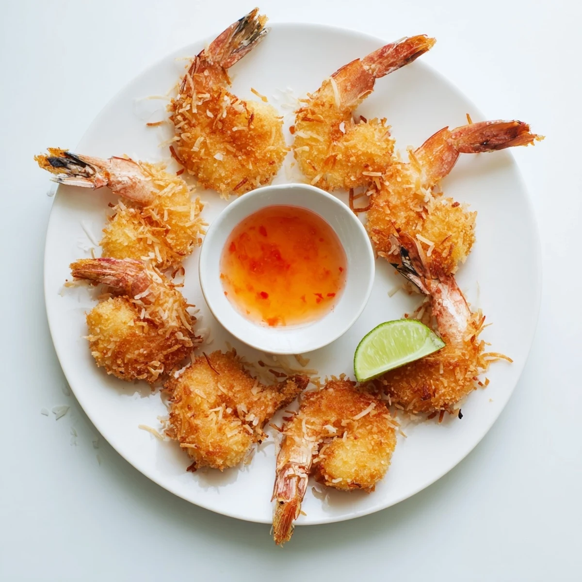 Crispy coconut battered shrimp garnished with lime wedges on rustic wooden serving board