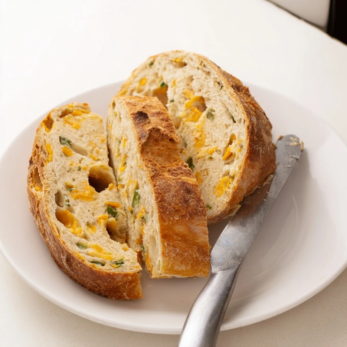 Golden brown jalapeno cheddar sourdough bread with a crispy crust and visible cheese melting throughout