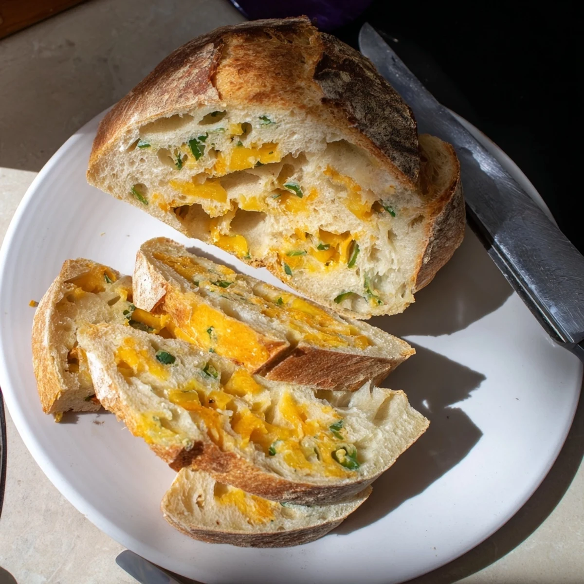 Sliced jalapeno cheddar sourdough bread revealing tender crumb pockets of sharp cheddar and jalapeño pieces inside