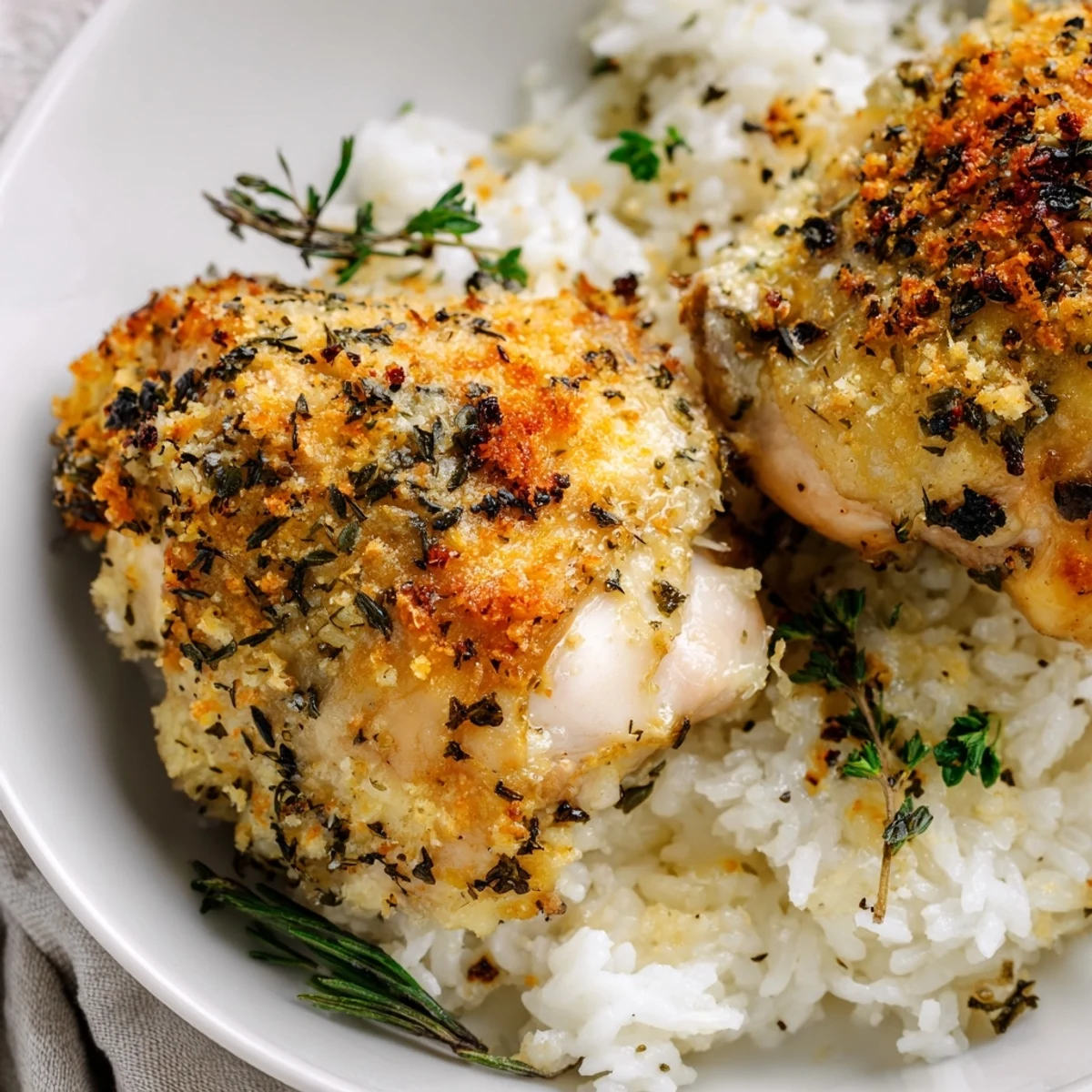 Golden Herb Crusted Chicken Thighs In Creamy Garlic Sauce With Rice, golden crust glistening
