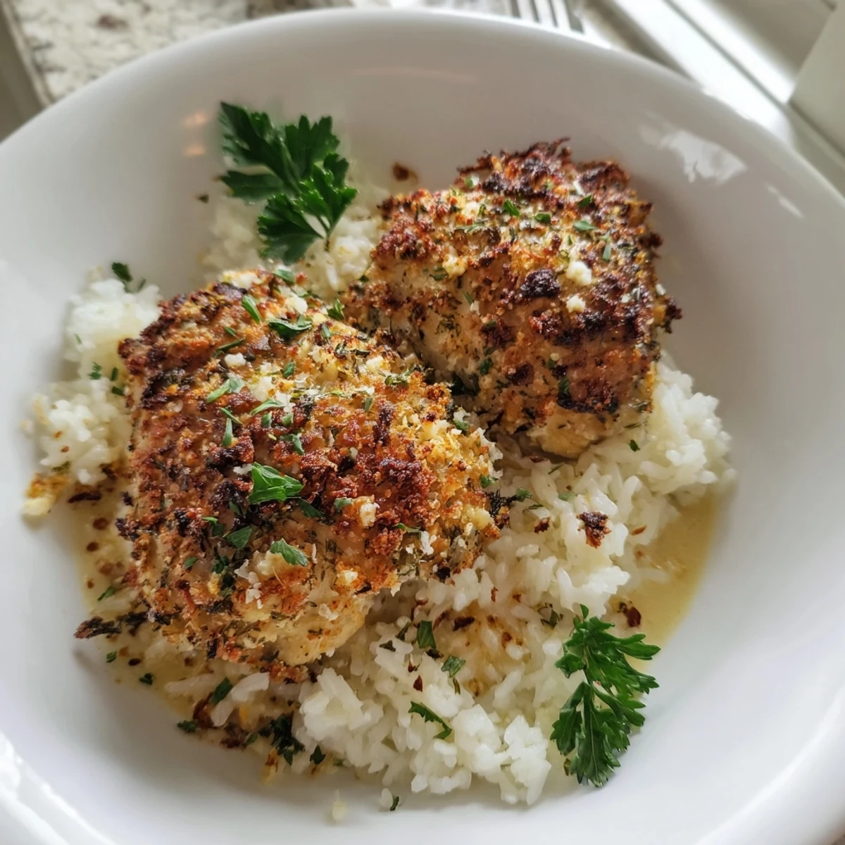 Hands presenting Golden Herb Crusted Chicken Thighs In Creamy Garlic Sauce With Rice