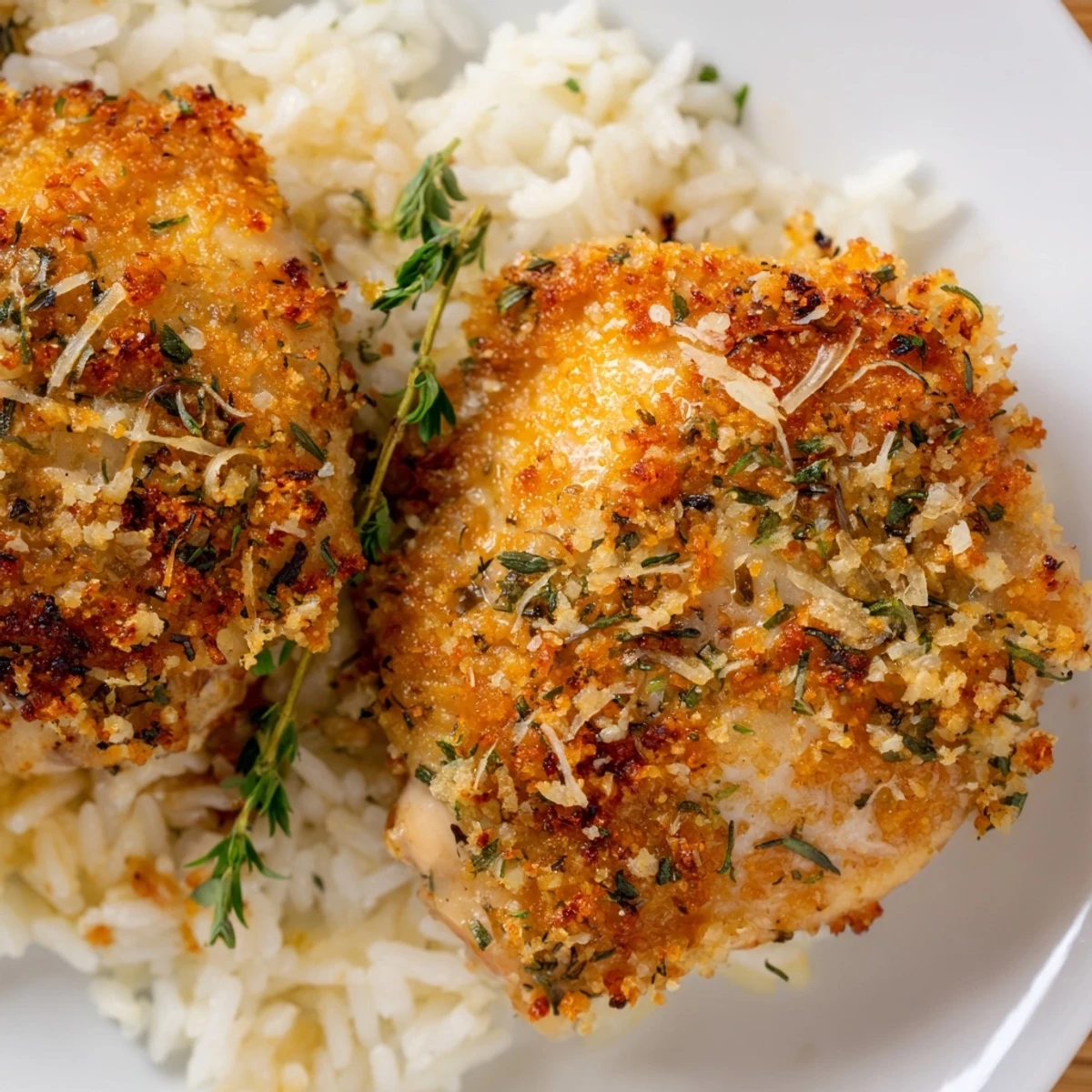 Steaming Golden Herb Crusted Chicken Thighs In Creamy Garlic Sauce With Rice, parsley garnish