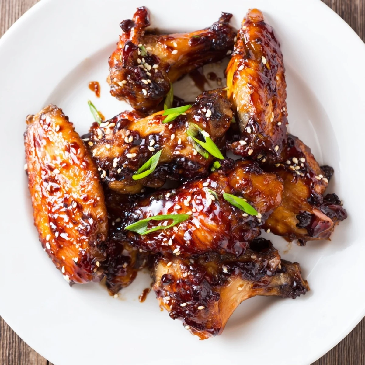 Sticky Teriyaki Baked Wings glistening with caramelized sauce, garnished with scallions