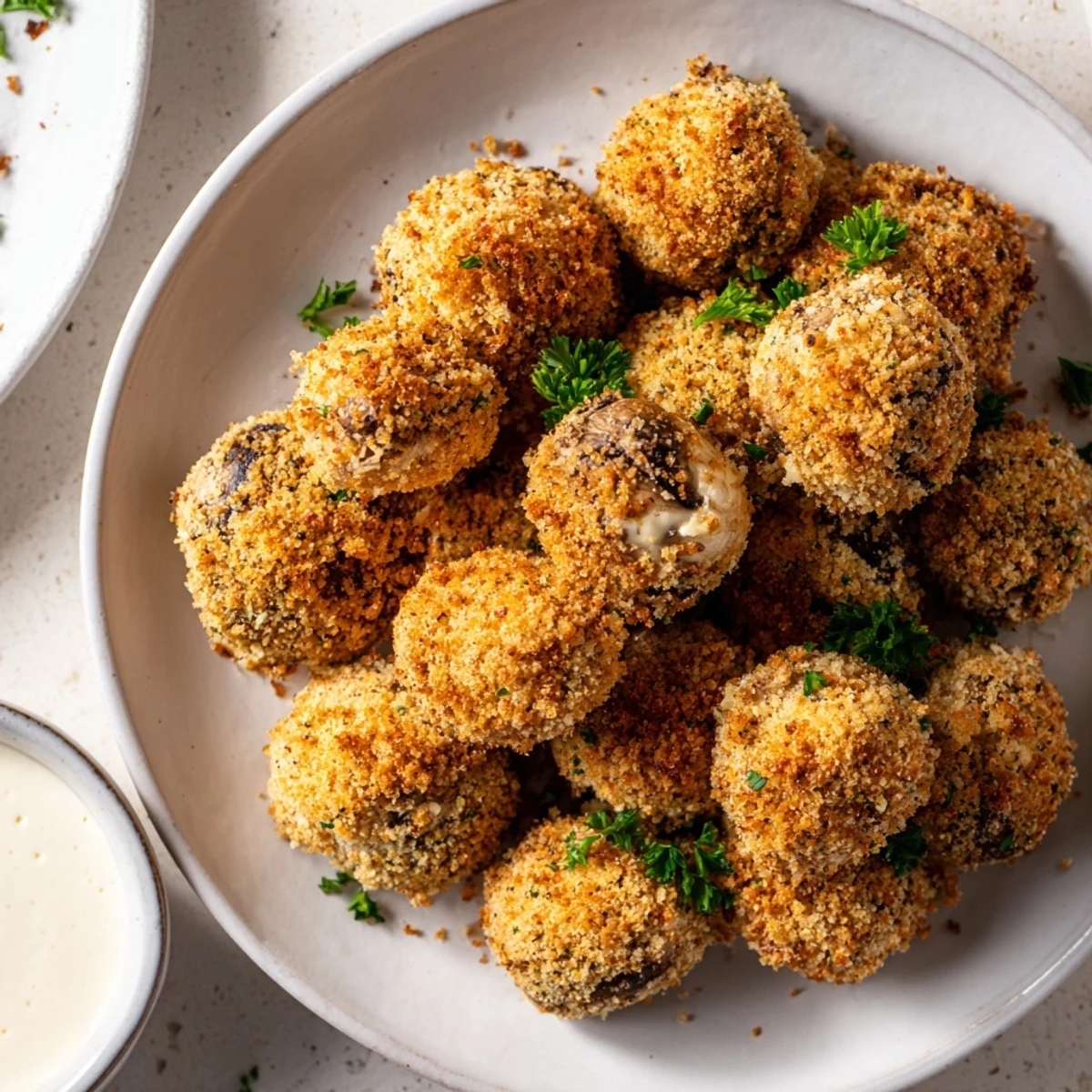 Golden brown crispy fried mushrooms arranged on a serving platter with fresh parsley garnish