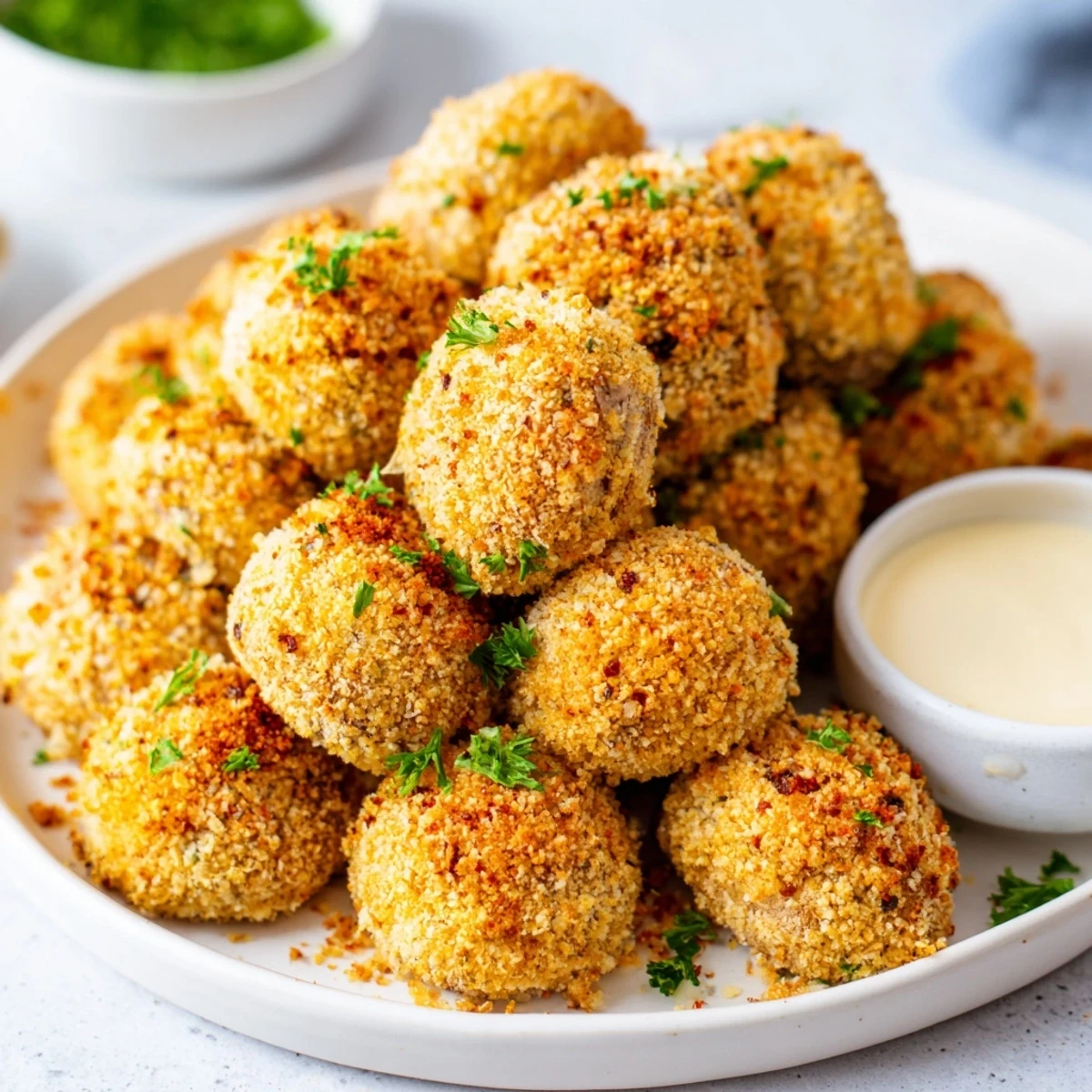 Basket of hot crispy fried mushrooms alongside creamy dipping sauce for party appetizer serving