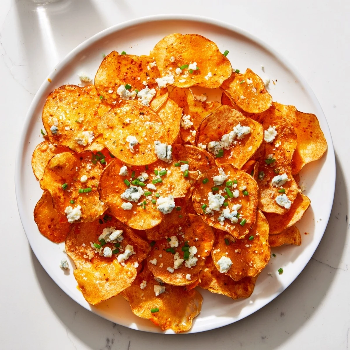 Golden crispy Buffalo chips tossed in spicy red sauce and sprinkled with fresh green chives