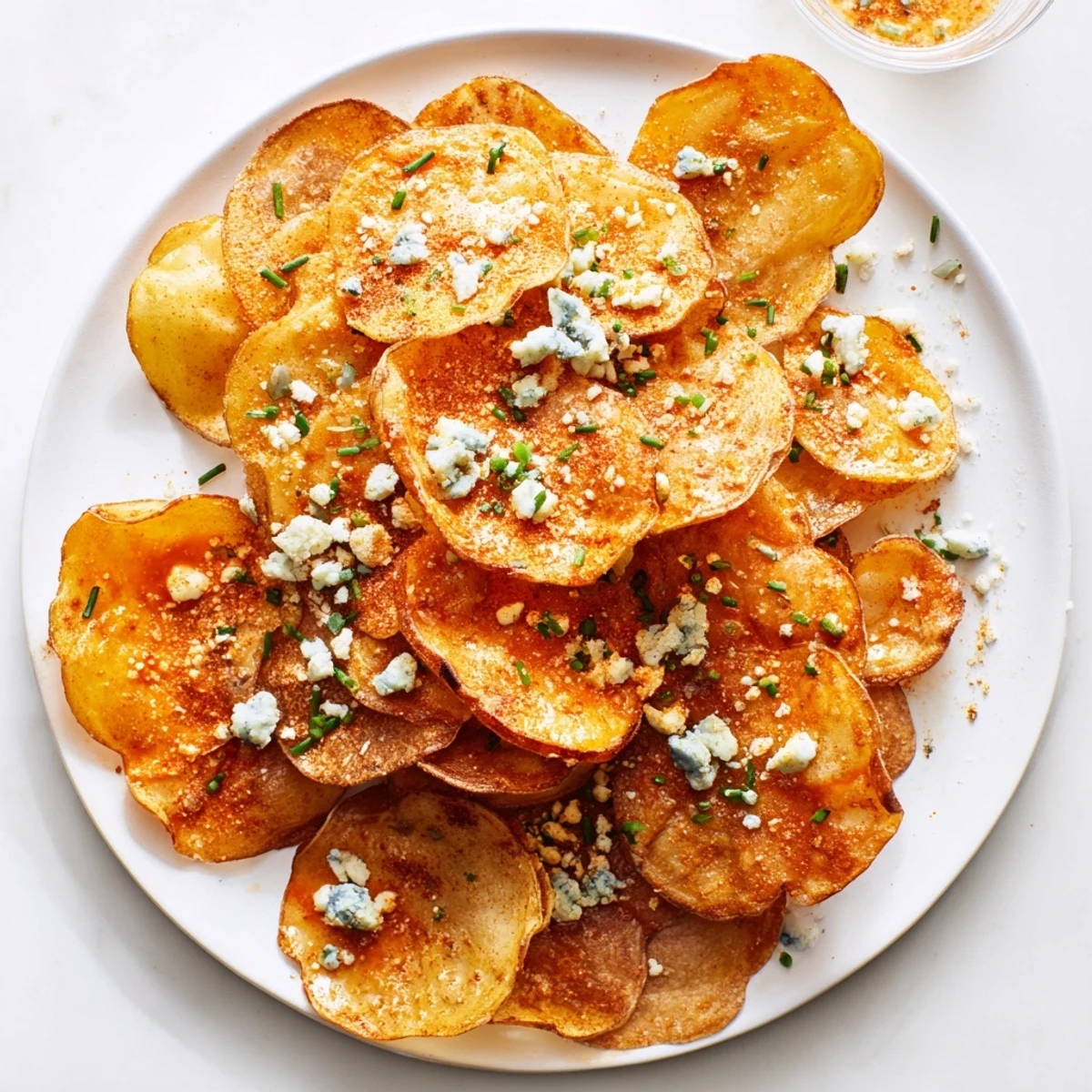 Crispy spiced Buffalo chips arranged on a platter with creamy ranch dipping sauce alongside