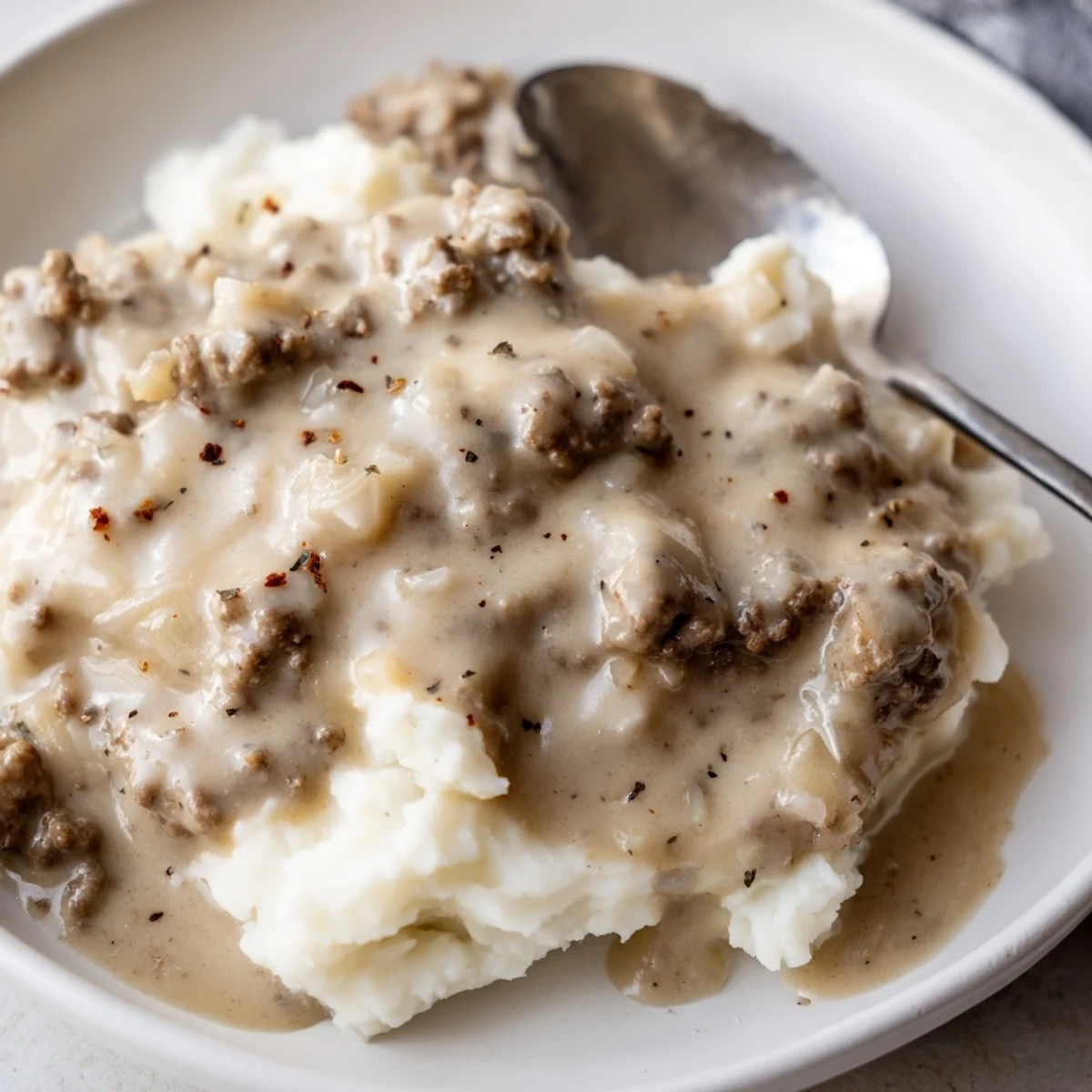 Savory homemade hamburger gravy with ground beef chunks bubbling in a cast iron skillet