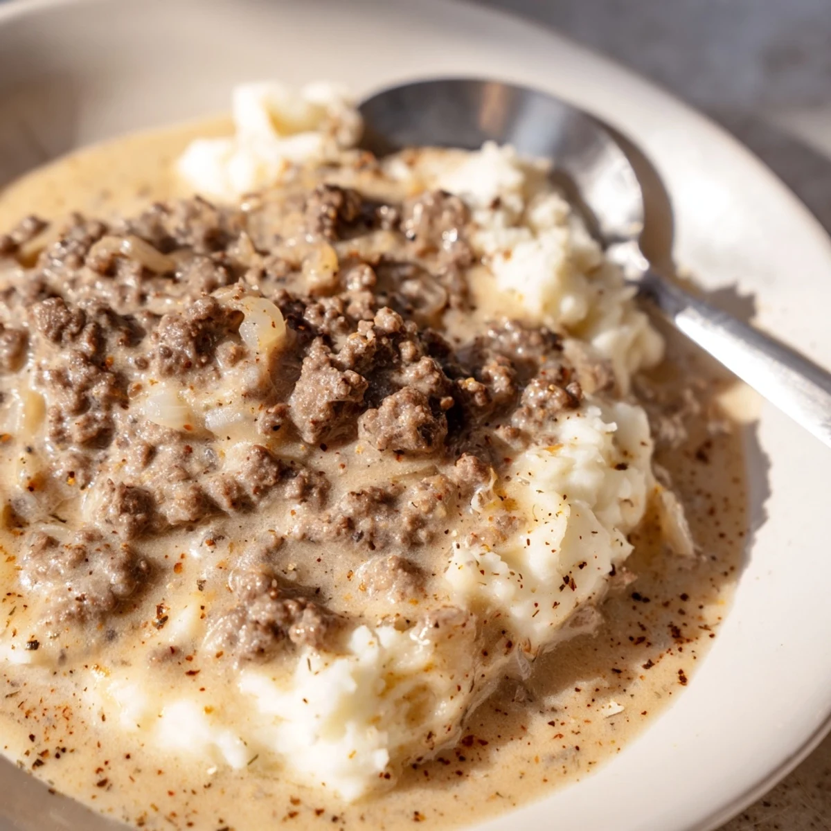 Creamy homemade hamburger gravy ladled generously over fluffy mashed potatoes in a white bowl