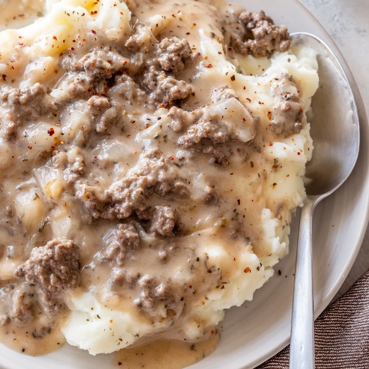 Golden brown homemade hamburger gravy poured over warm biscuits on a rustic wooden board
