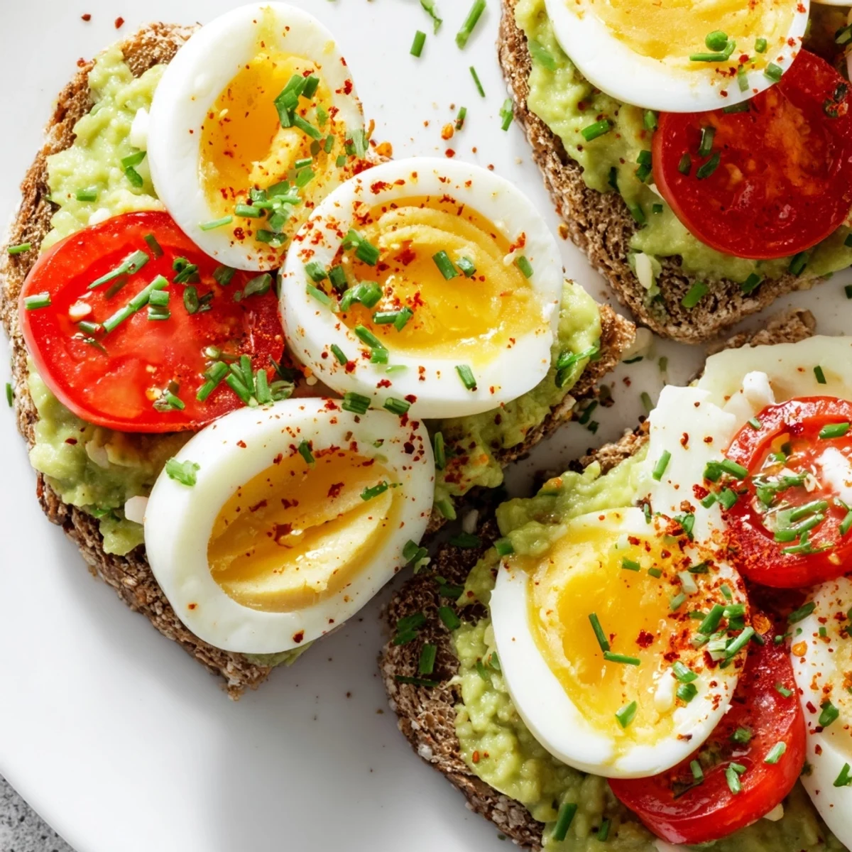 Creamy avocado toast layered with juicy tomato slices and protein-rich hard-boiled eggs on golden brown sourdough