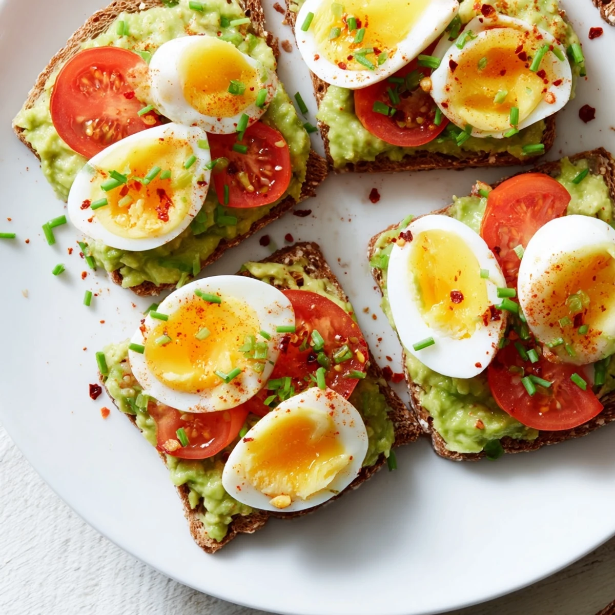 Wholesome avocado toast with tomato and hard-boiled egg topping drizzled with olive oil and fresh herbs