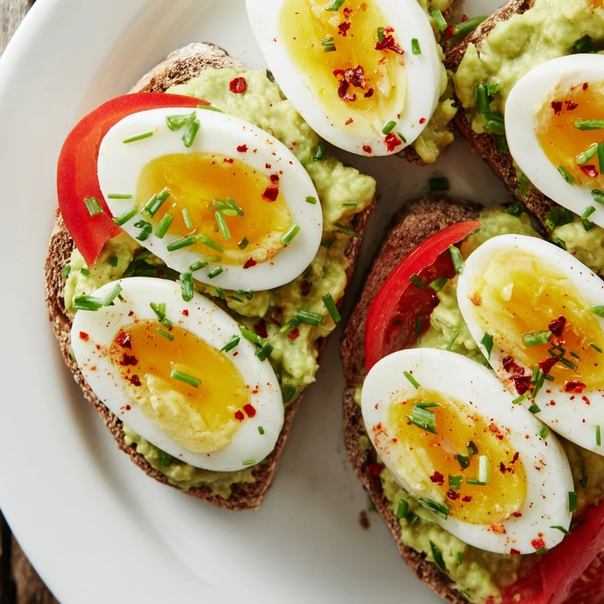 Hearty breakfast of mashed avocado spread topped with ripe tomatoes and sliced hard-boiled eggs on toasted whole grain bread