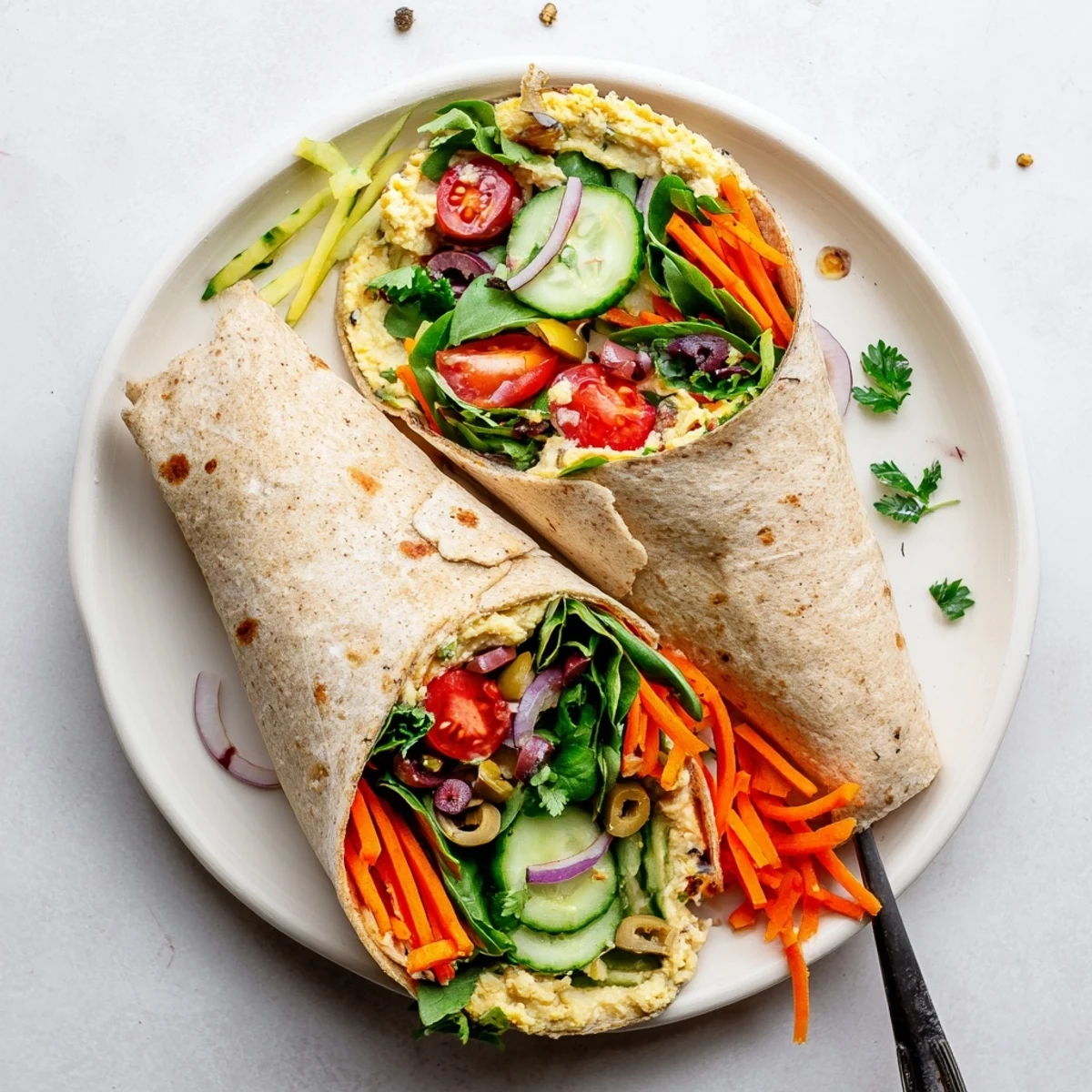 Golden whole wheat tortilla wrapped with creamy hummus and crisp colorful fresh vegetables