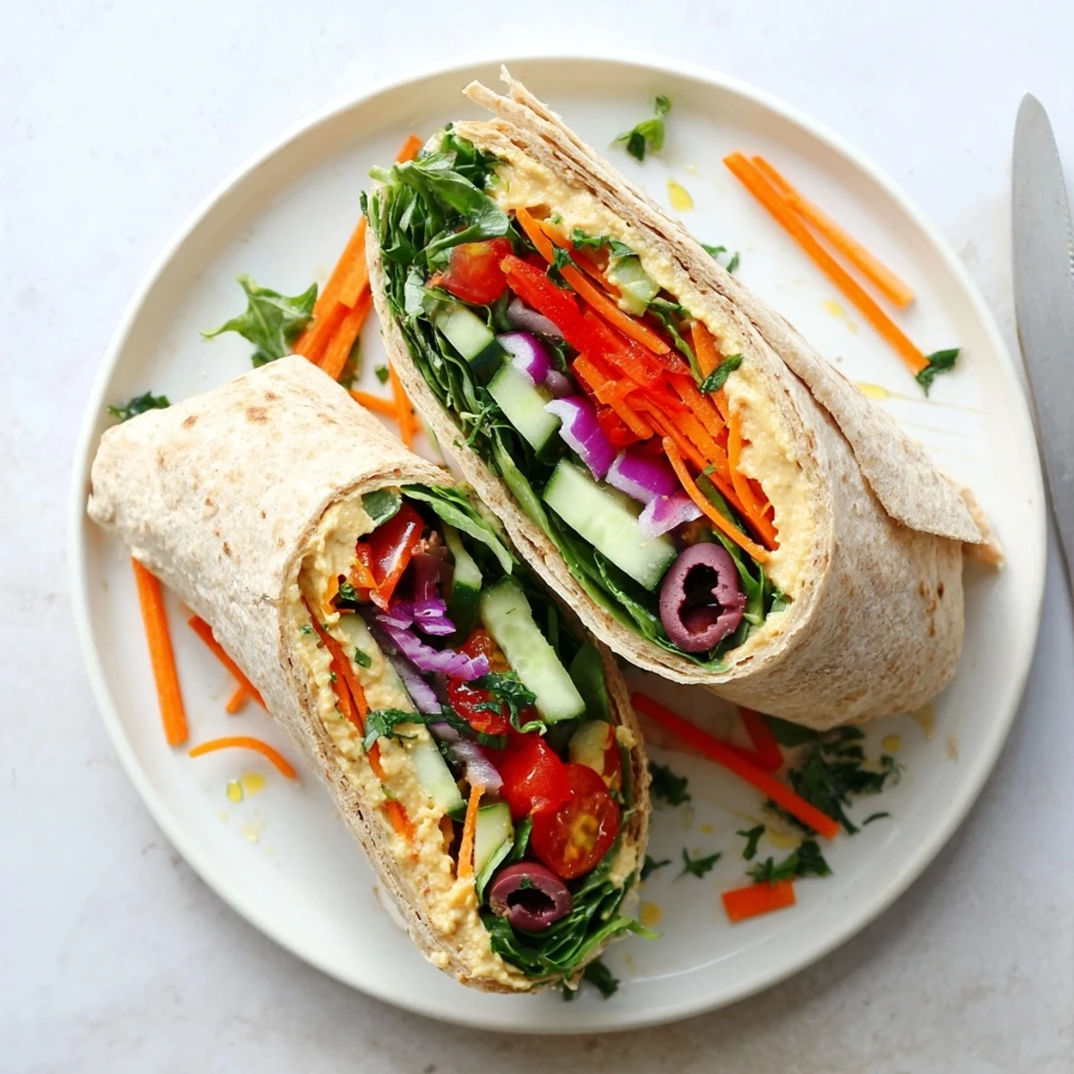 Vibrant Mediterranean lunch featuring hummus layered with sliced peppers cucumber and leafy greens
