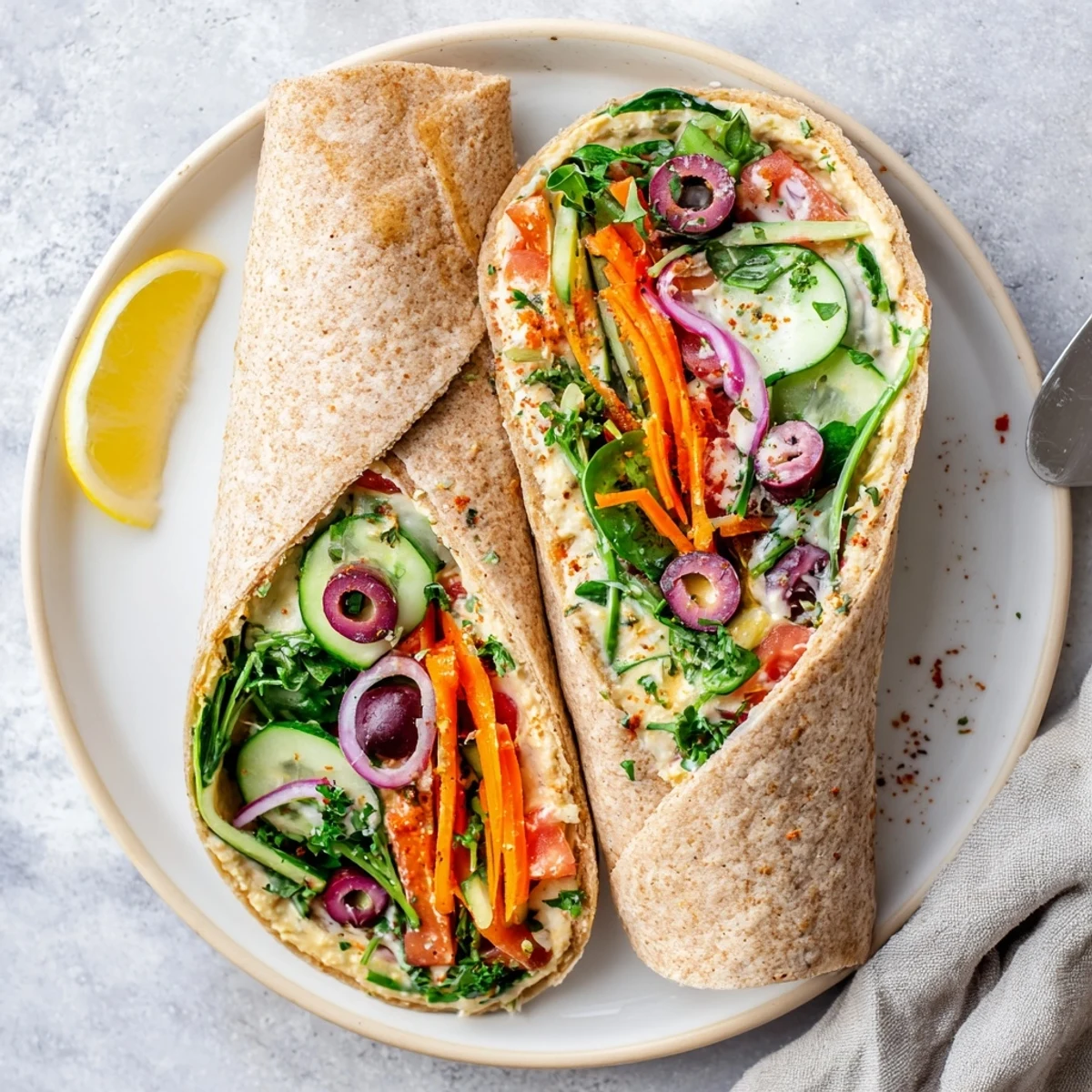 Diagonally sliced wrap revealing hummus spread with baby spinach cherry tomatoes and grated carrot