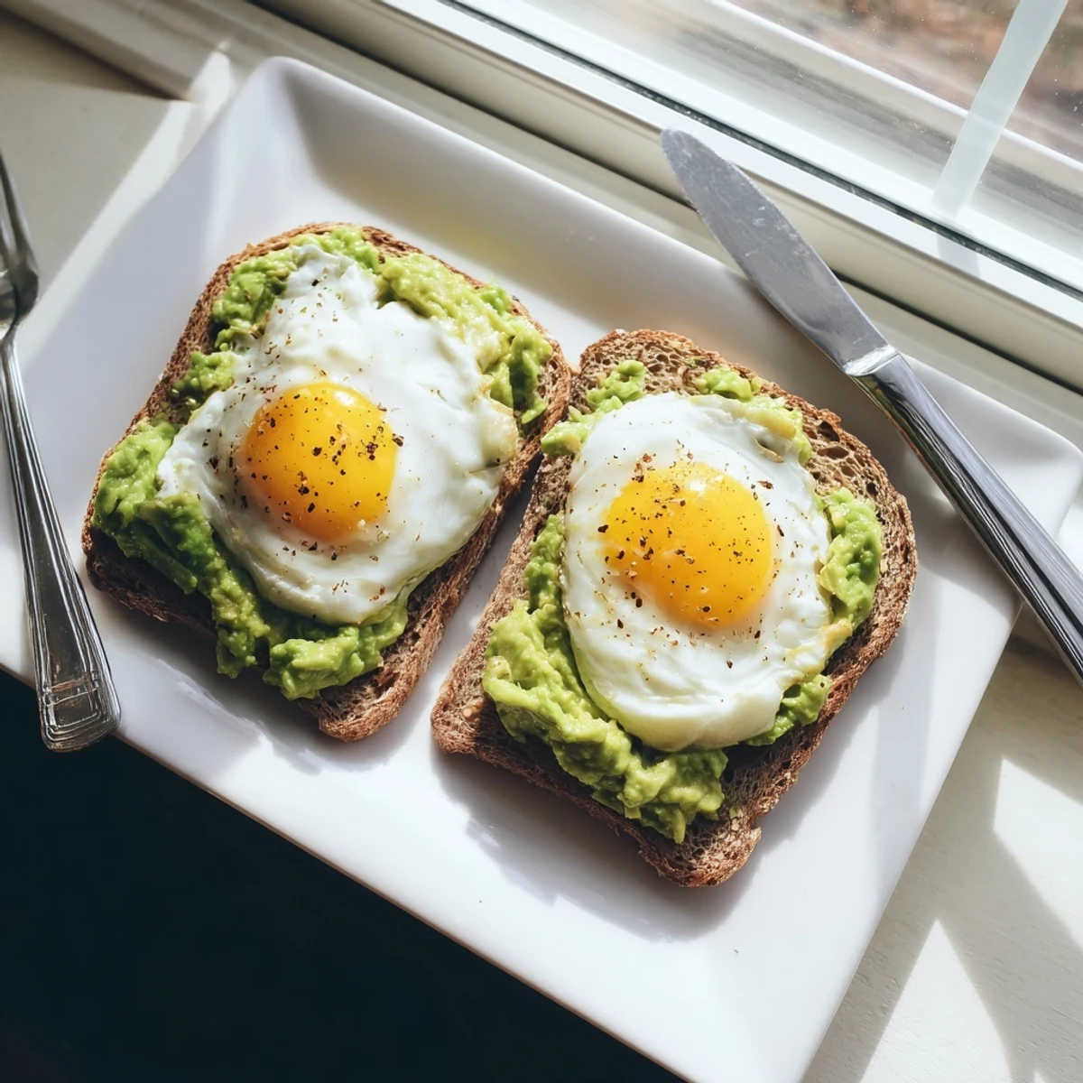 Golden toasted bread layered with creamy mashed avocado topped with a perfectly cooked sunny side up egg