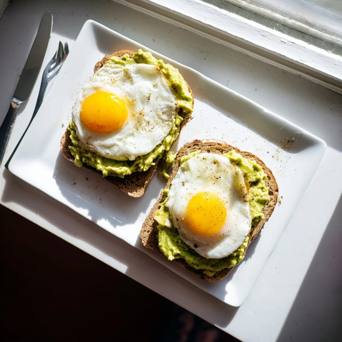 Crispy sourdough toast spread with ripe avocado and finished with a runny yolk fried egg for breakfast