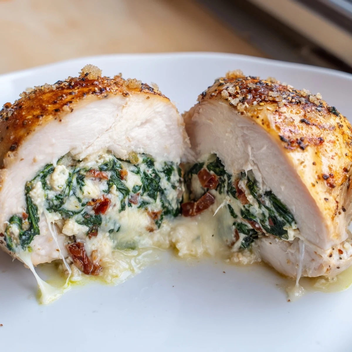 Cheesy Spinach Stuffed Chicken Sun Dried Tomato Flavor, golden crust oozing cheesy spinach filling