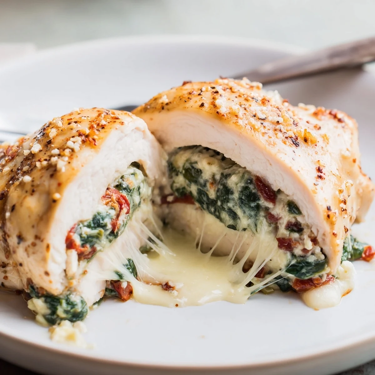 Warm Cheesy Spinach Stuffed Chicken Sun Dried Tomato Flavor served with crisp green salad