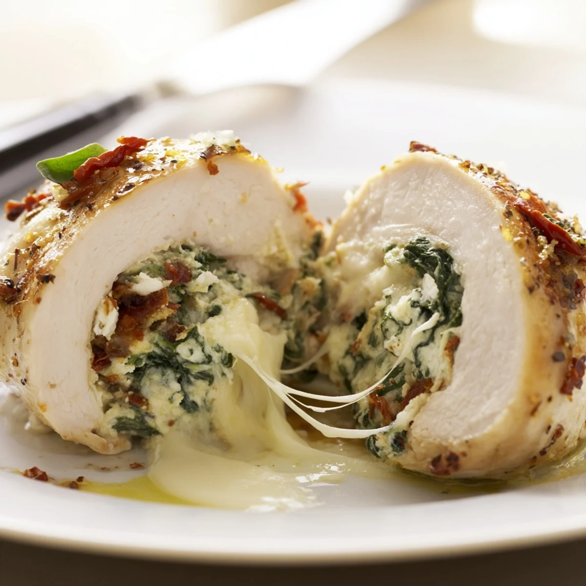 Pan seared Cheesy Spinach Stuffed Chicken Sun Dried Tomato Flavor sliced, showing creamy filling