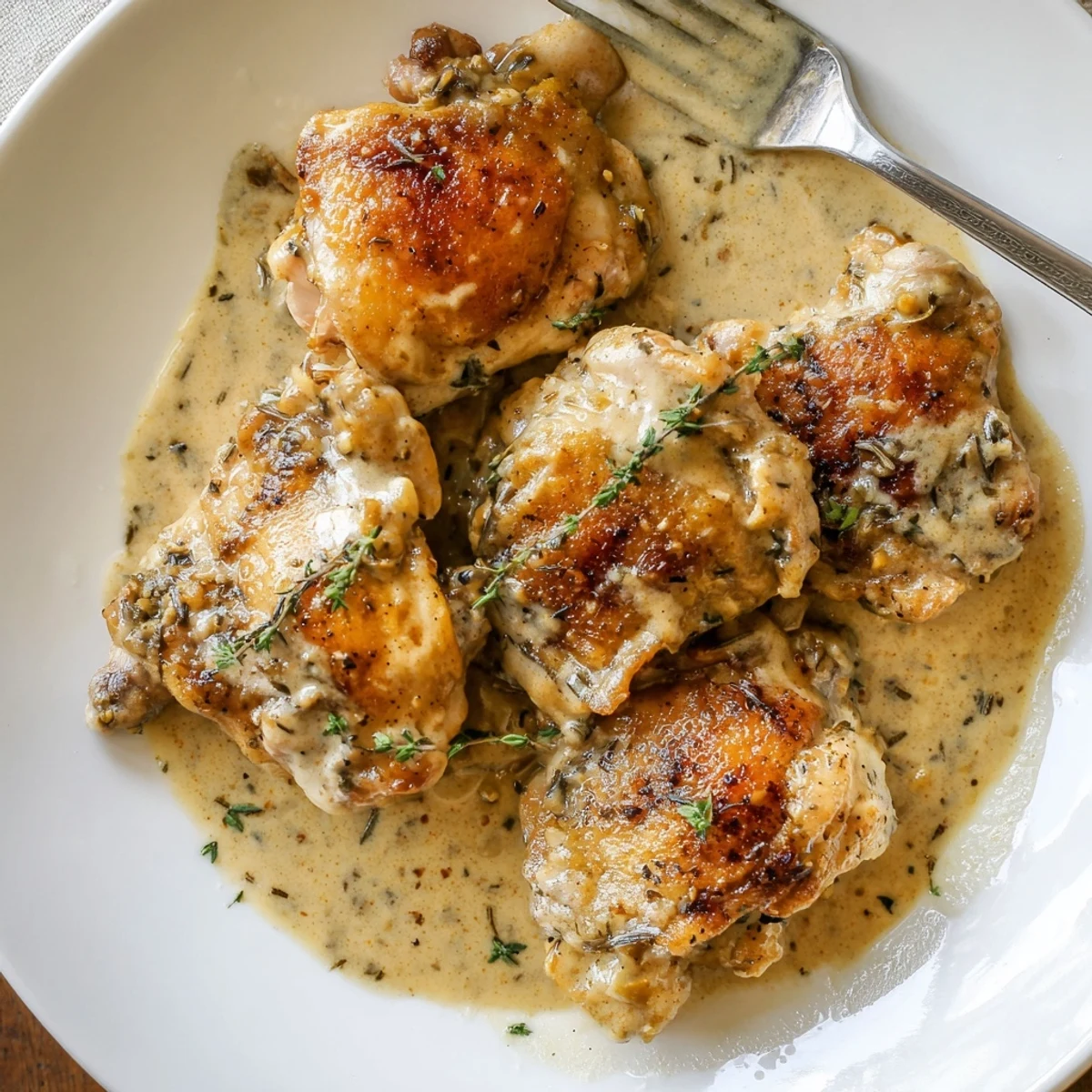 Creamy Garlic Chicken Thighs With Herbs sizzling in browned skin and silky cream