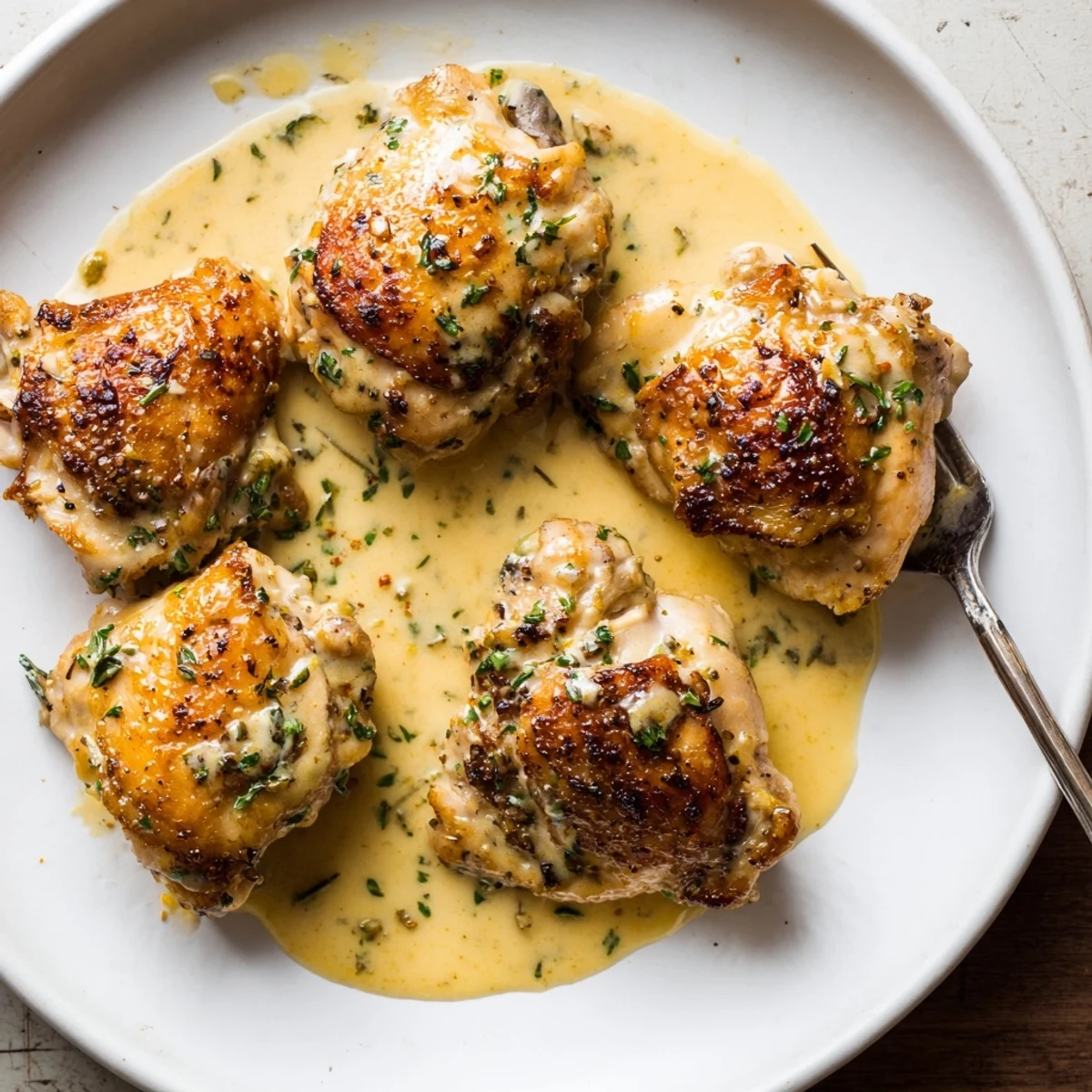 Oven-baked Creamy Garlic Chicken Thighs With Herbs served over buttery mashed potatoes