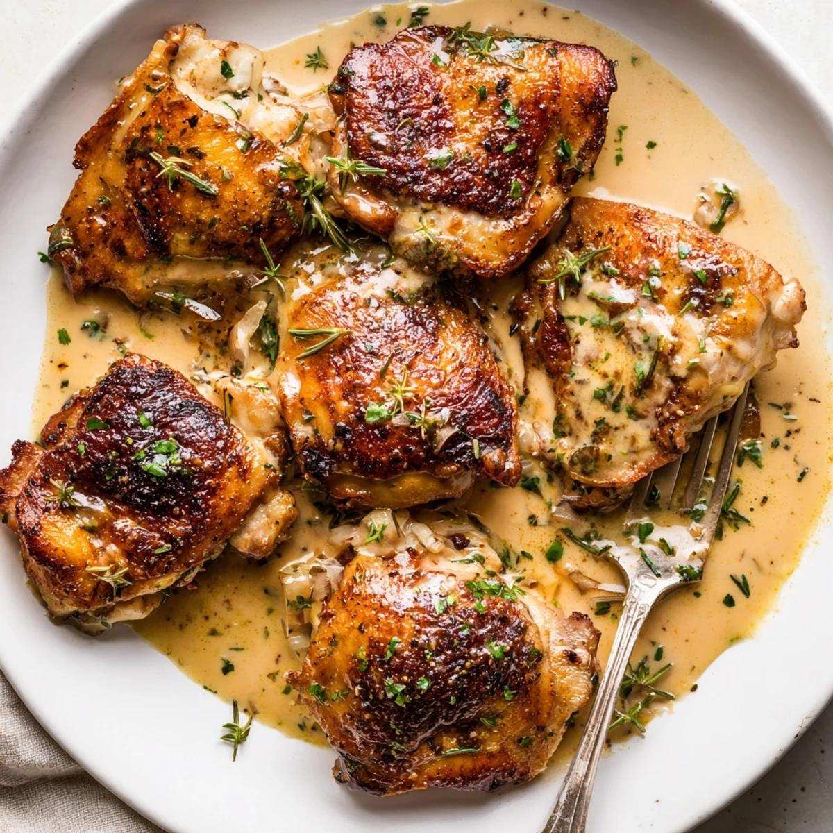 Skillet-seared, fragrant herbs and garlic coating Creamy Garlic Chicken Thighs With Herbs