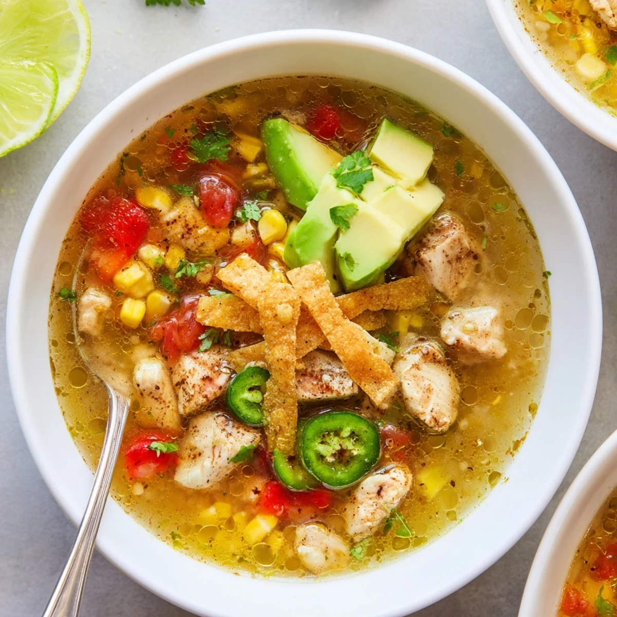 Steaming bowl of Bold Zesty Chicken Lime Soup Recipe with cilantro, lime wedges