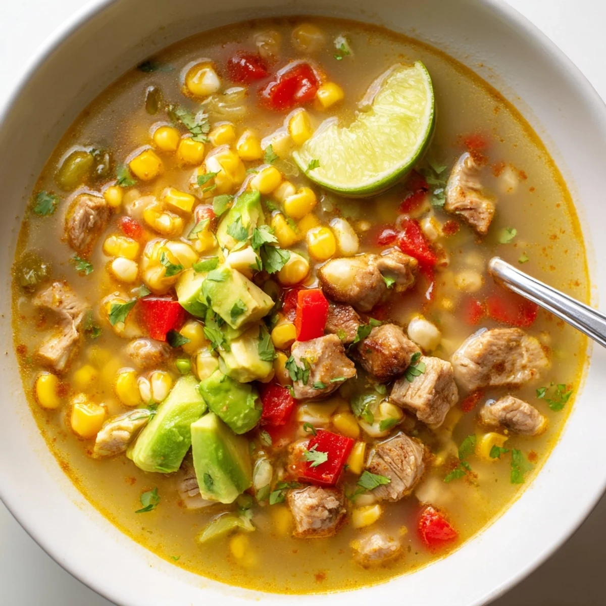 Bright, tangy Bold Zesty Chicken Lime Soup Recipe garnished with avocado and tortilla strips