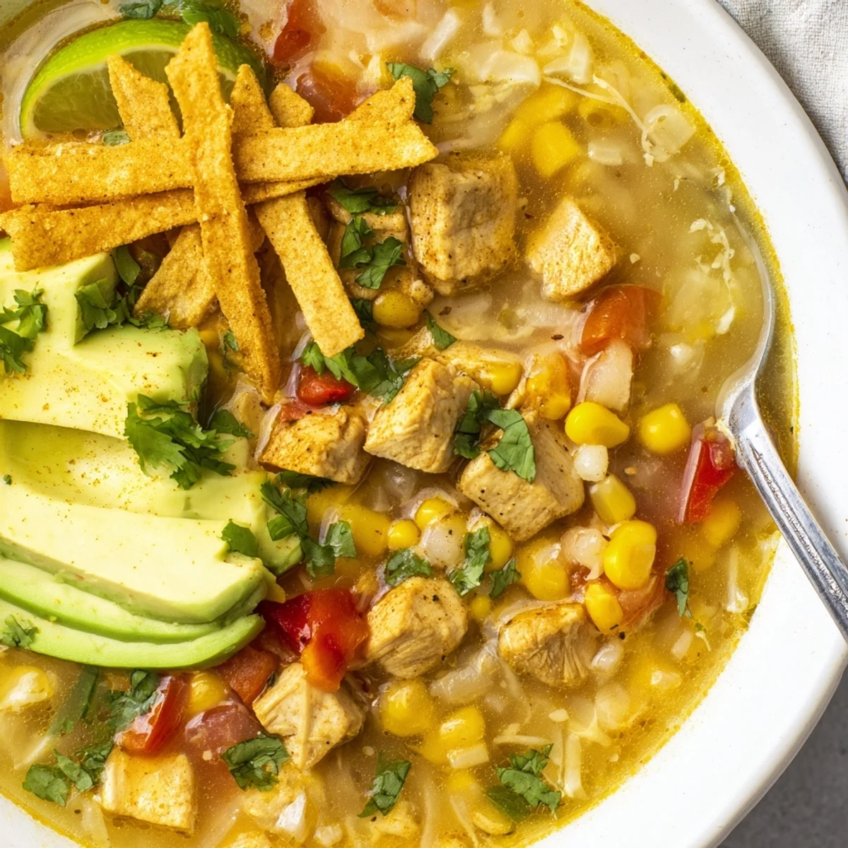 Family-style pot of Bold Zesty Chicken Lime Soup Recipe, corn kernels and spice