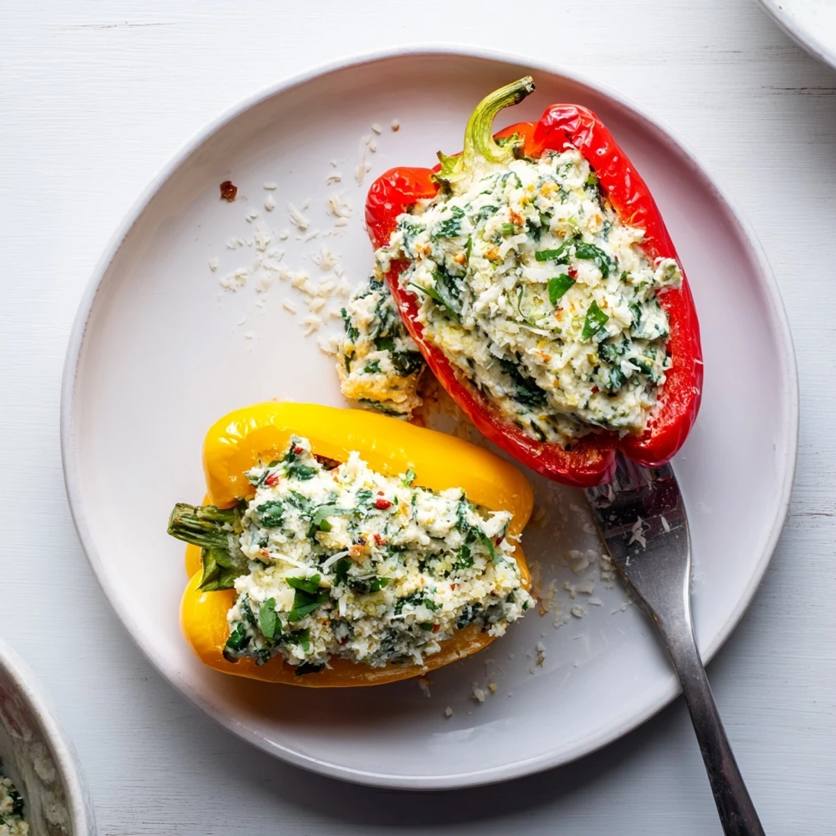 Herby Ricotta Stuffed Peppers, golden-baked and steaming, topped with melted mozzarella