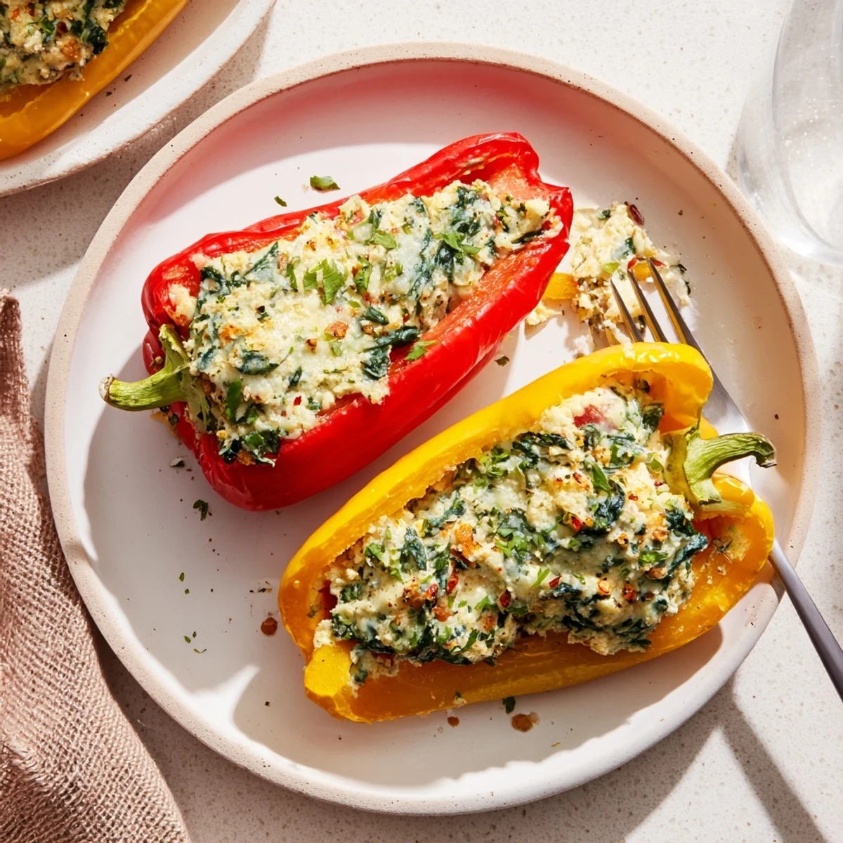 Serve Herby Ricotta Stuffed Peppers warm with crusty bread and salad