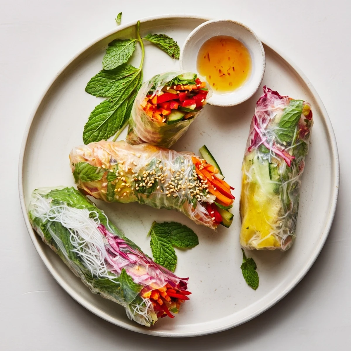 Gluten Free Vegetable Spring Rolls arranged on plate, crisp veggies, lime dipping sauce.