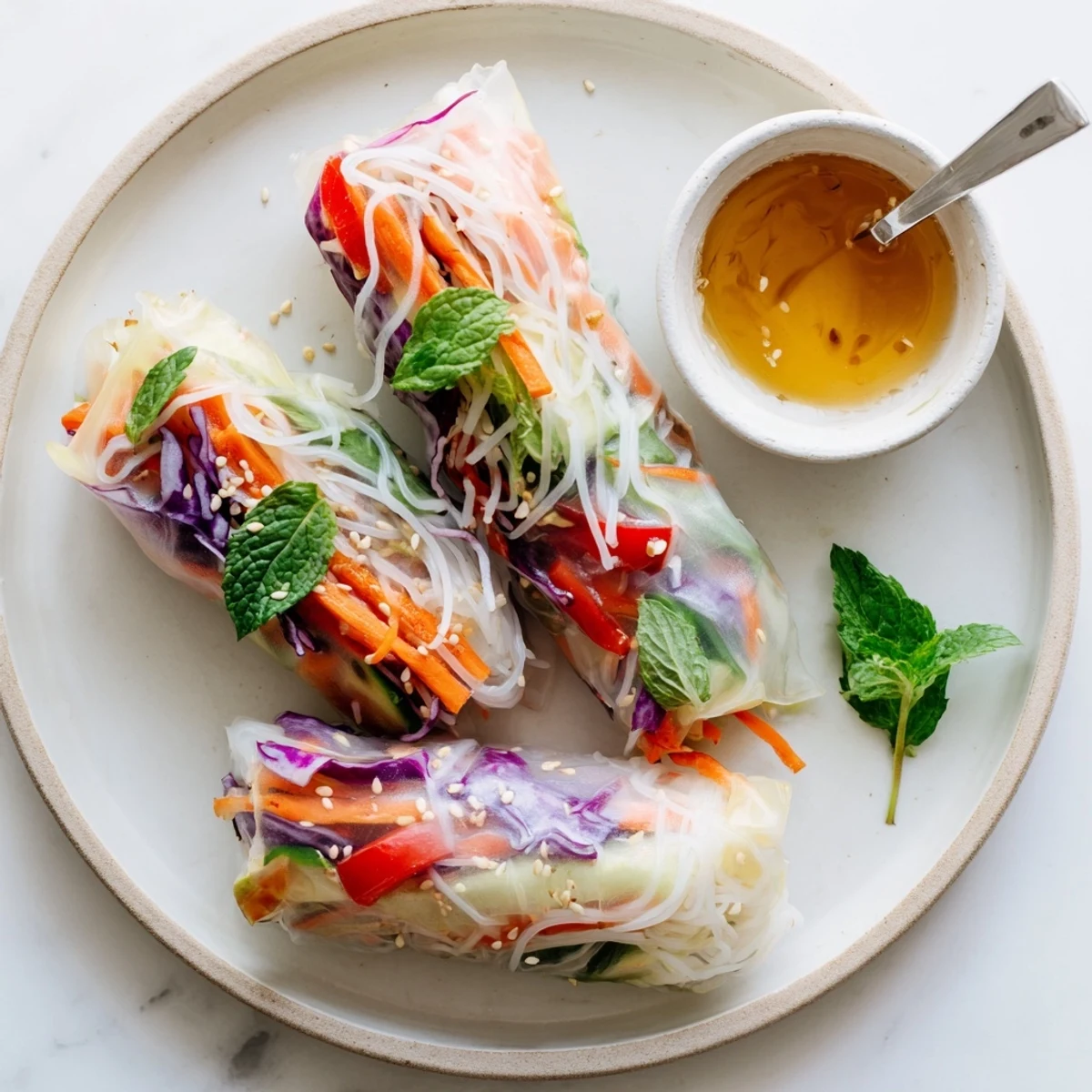 Fresh Gluten Free Vegetable Spring Rolls with minty herbs and crunchy carrots.