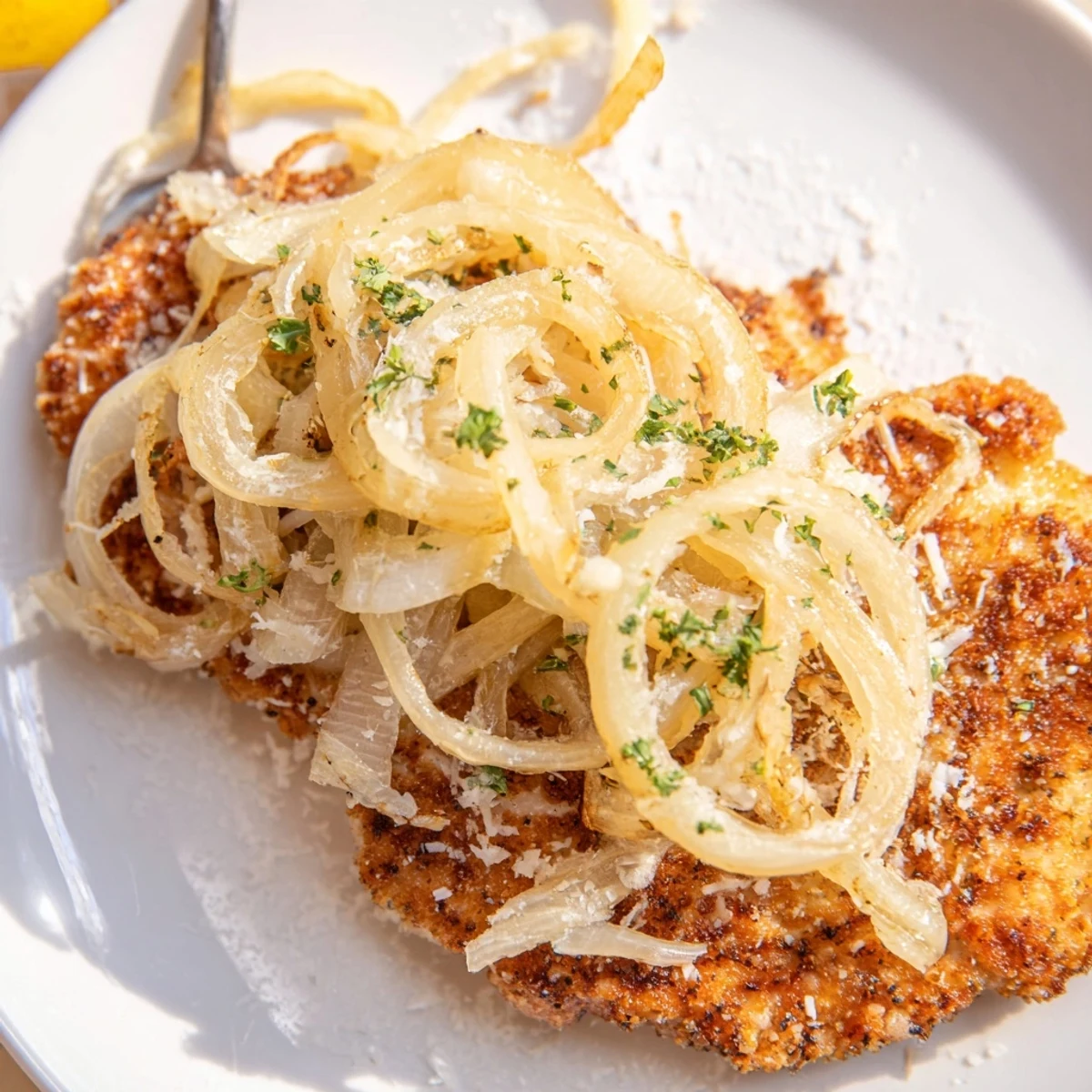Crispy Chicken Caramelized Onions Melted Cheese on parchment, golden and bubbling.