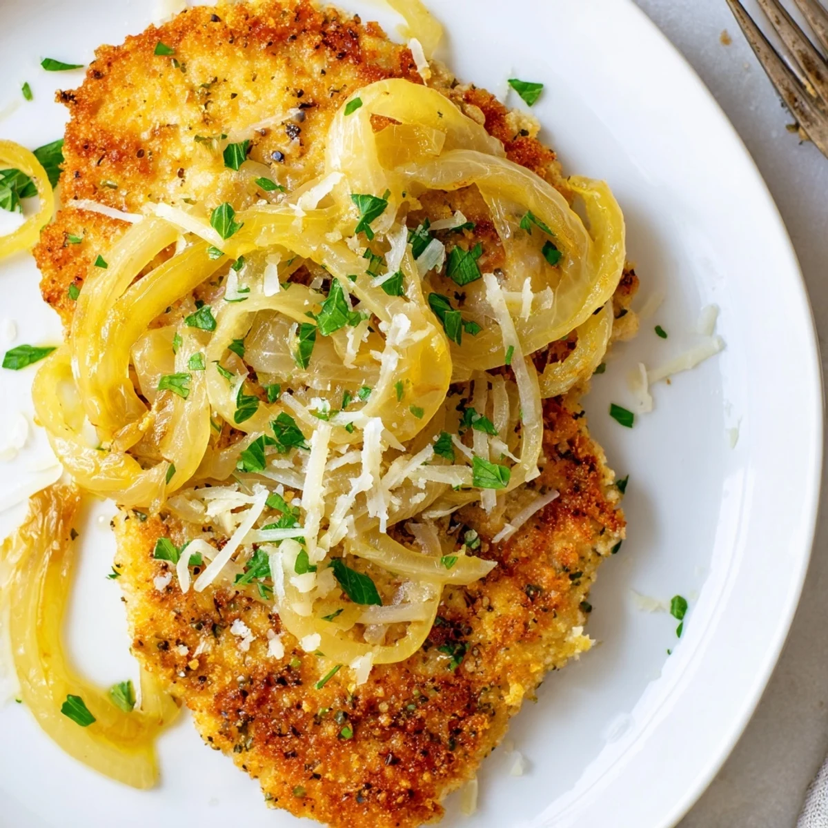 Crispy Chicken Caramelized Onions Melted Cheese sliced, steam rising, gooey cheese pull.