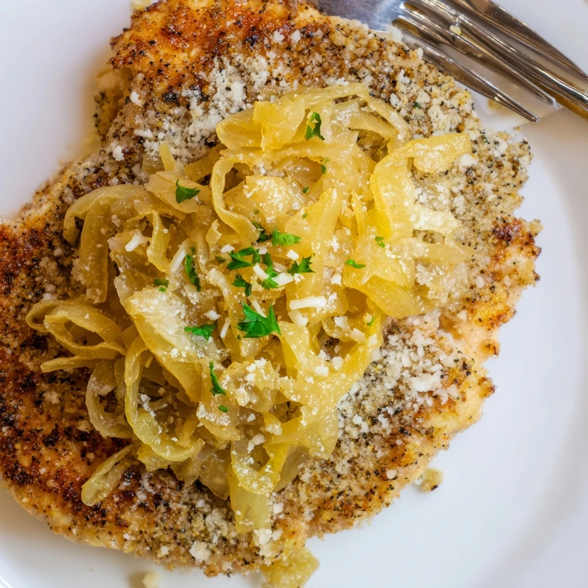 Crispy Chicken Caramelized Onions Melted Cheese stacked over salad, warm, savory.
