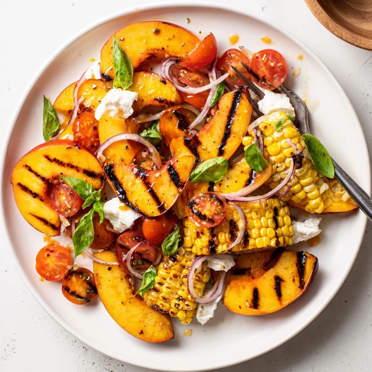 Close-up of Grilled Peach Corn Salad with Creamy Cheese, juicy corn kernels