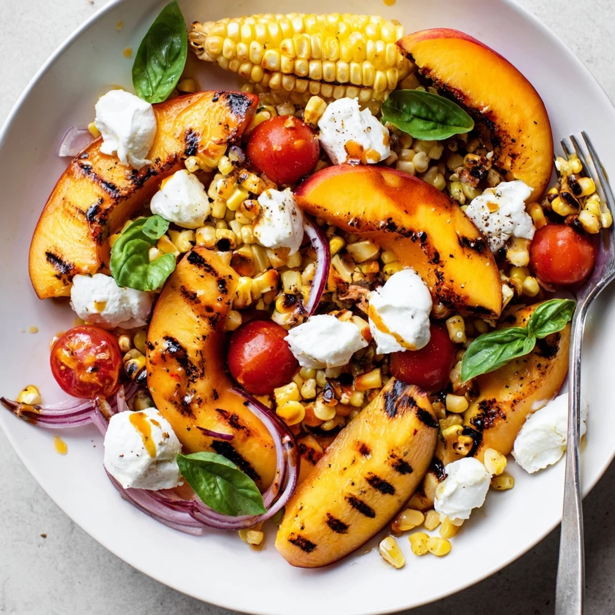 Grilled Peach Corn Salad with Creamy Cheese in rustic bowl, charred peaches