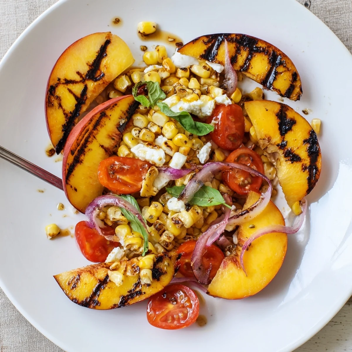 Picnic-ready Grilled Peach Corn Salad with Creamy Cheese, smoky peaches and torn basil