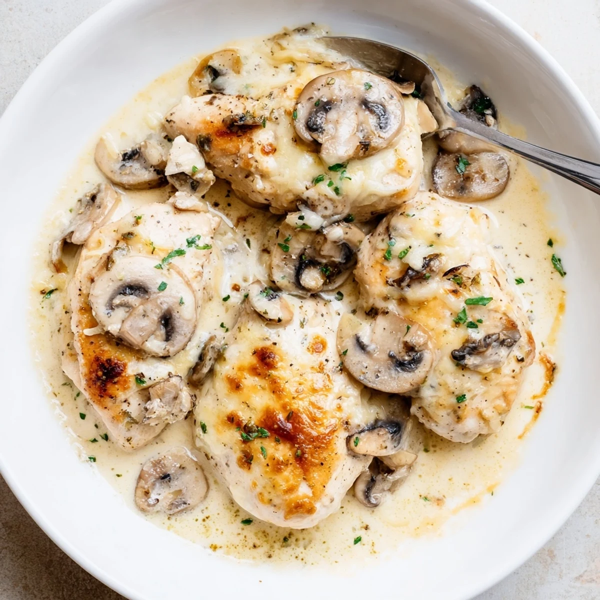 Cheesy Chicken Mushroom Bake with bubbling golden cheese and creamy mushroom sauce