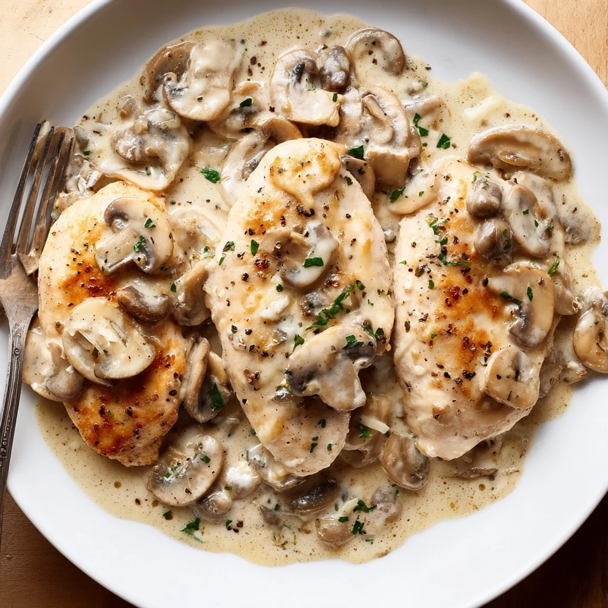 Oven-baked Cheesy Chicken Mushroom Bake served with mashed potatoes and green salad