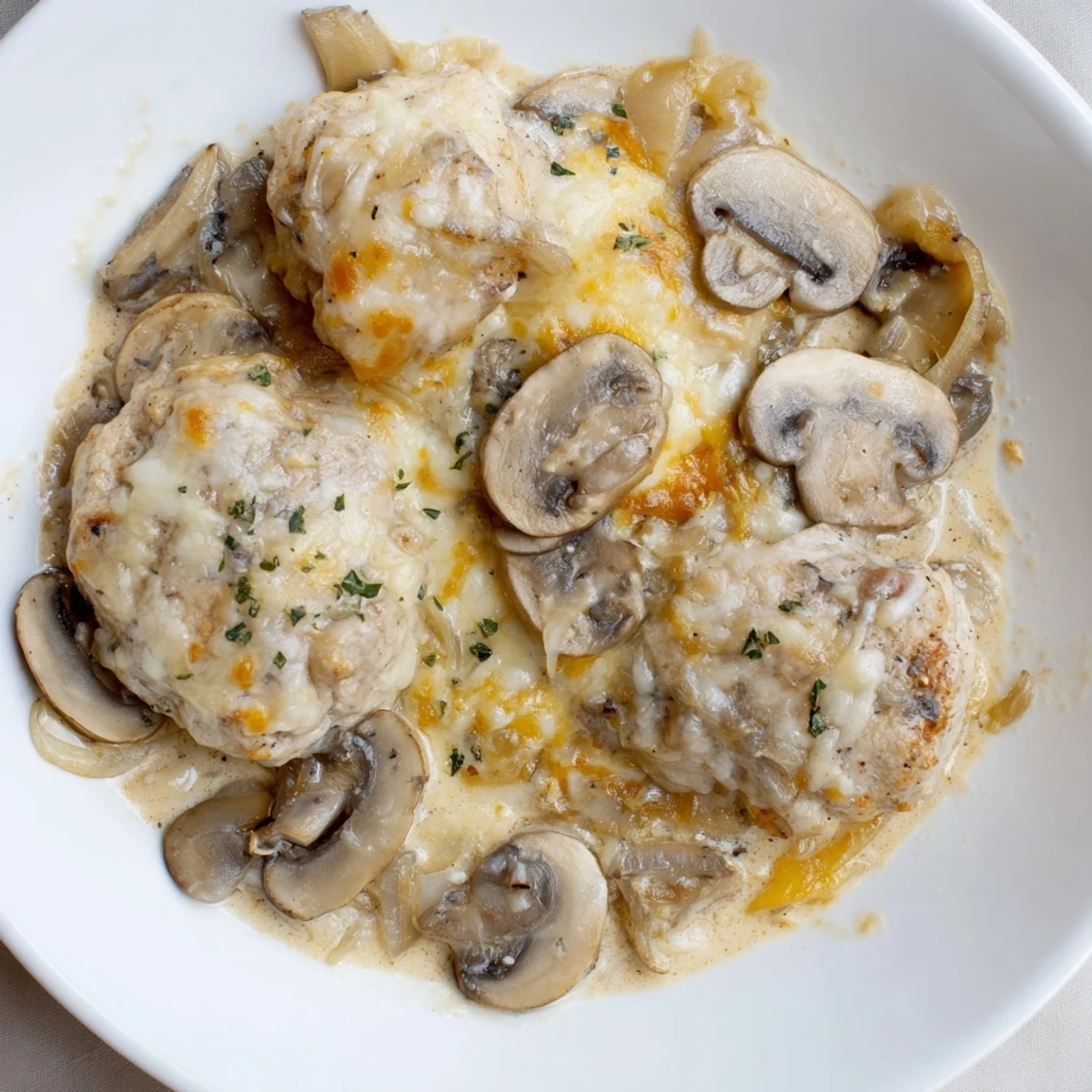 Close-up of Cheesy Chicken Mushroom Bake slice, tender chicken, savory mushrooms, melted cheese